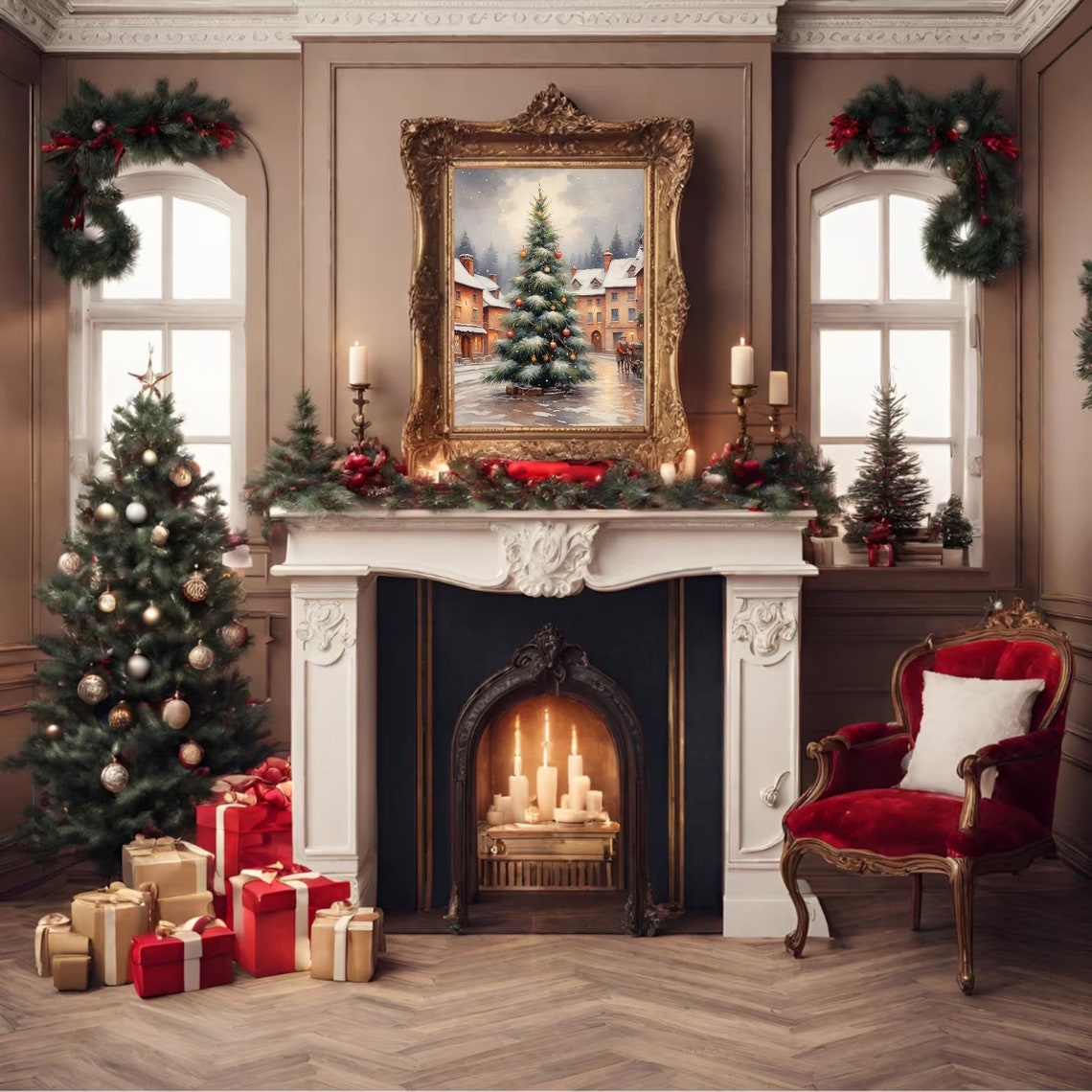Christmas Tree in Snowy Town Square Vintage Holiday Painting Poster - Image 3