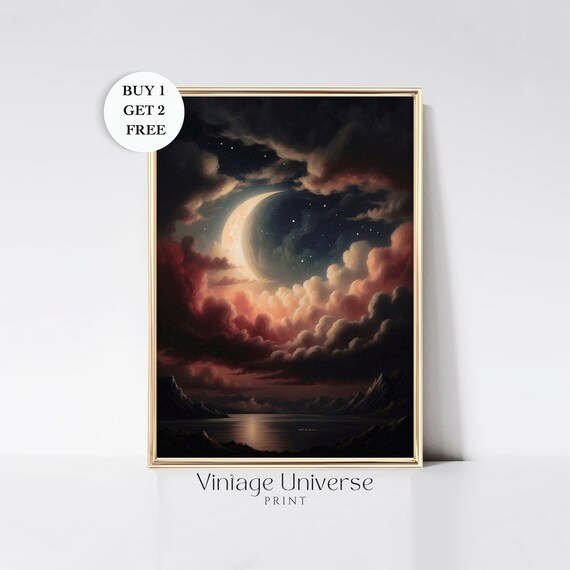 Crescent Moon Through Red Clouds Over a Moonlit Lake and Mountains Poster