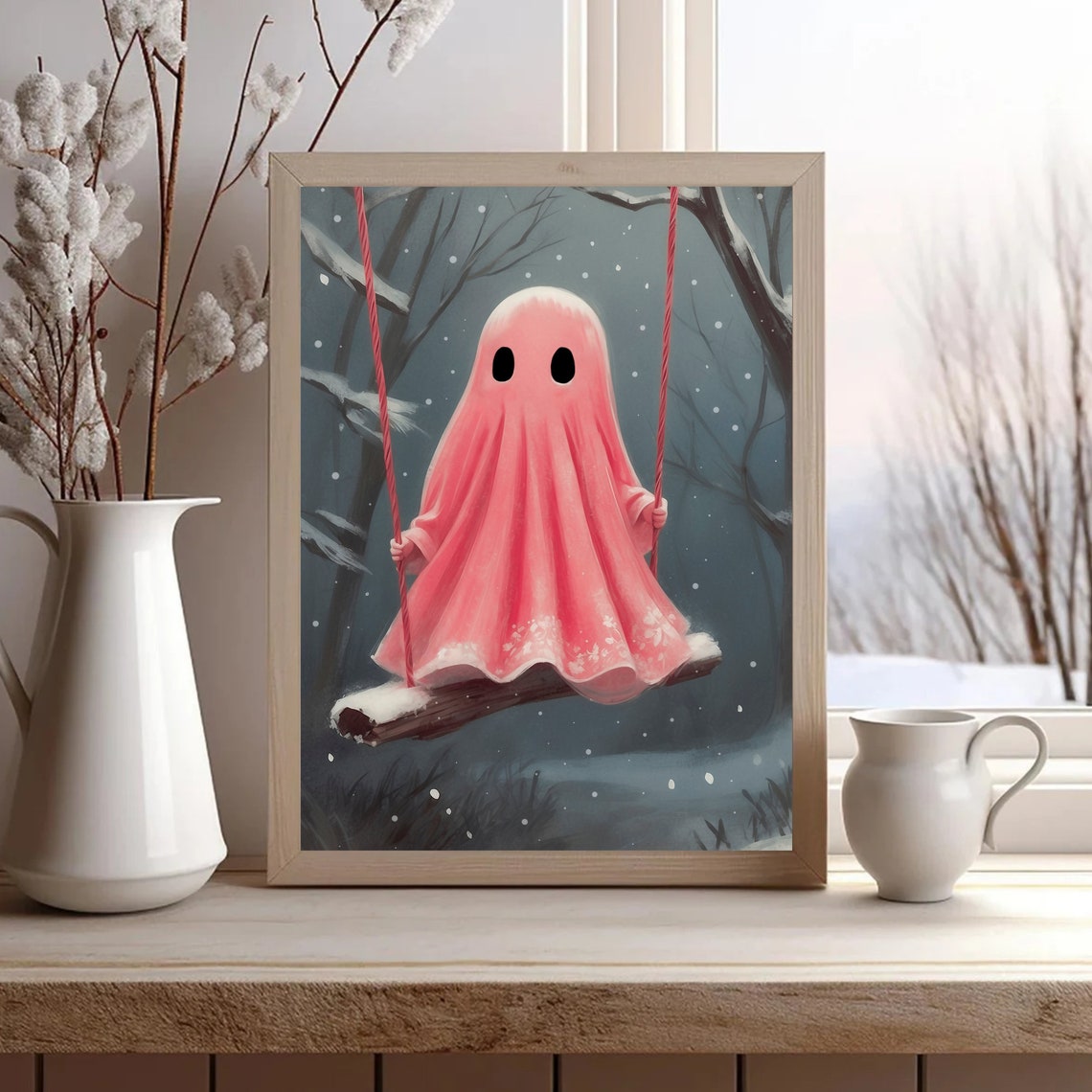 Pink Ghost on Swing in Snowy Forest at Night Whimsical Print - Image 3