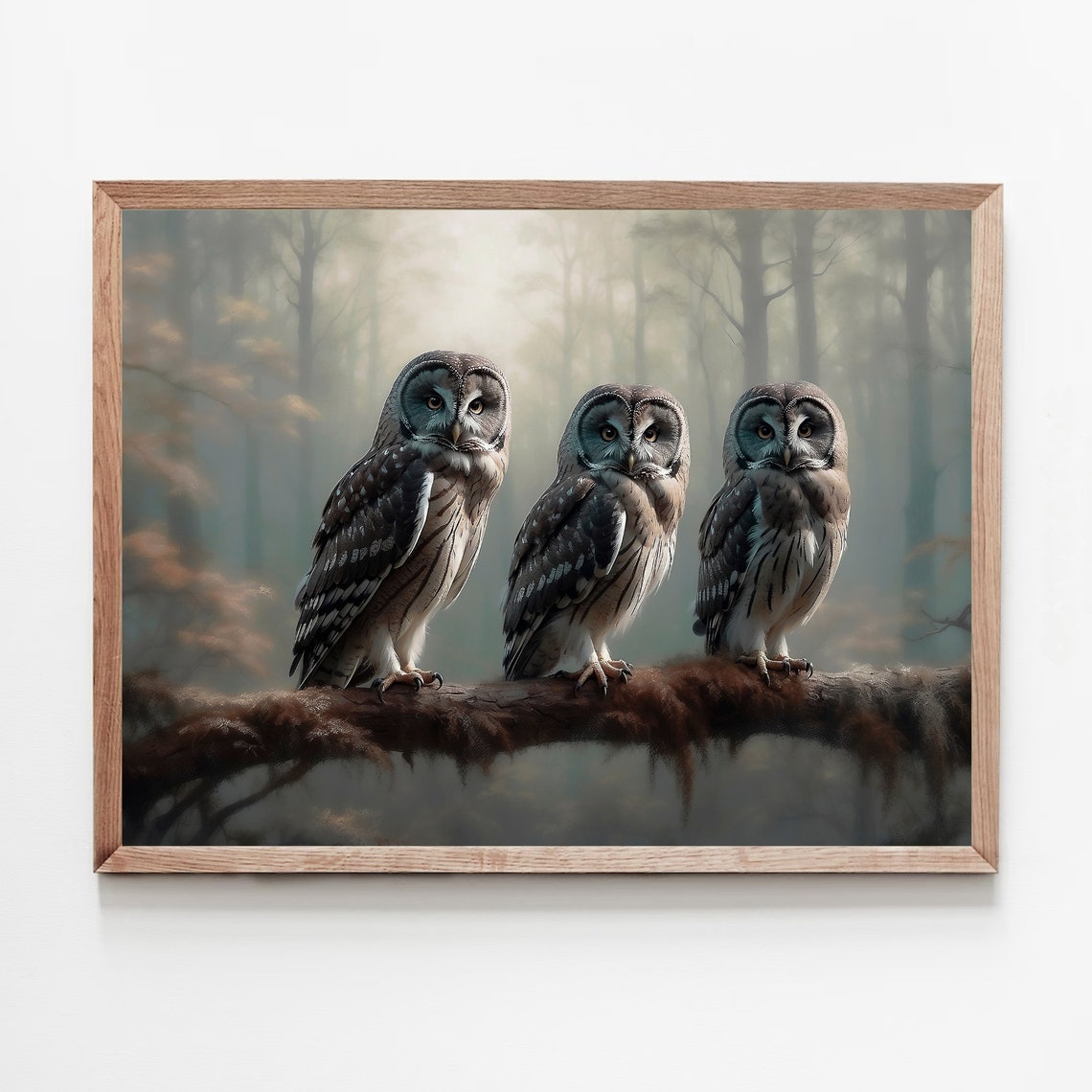 Three Owls on a Branch in a Misty Forest Vintage Bird Art Print - Image 5