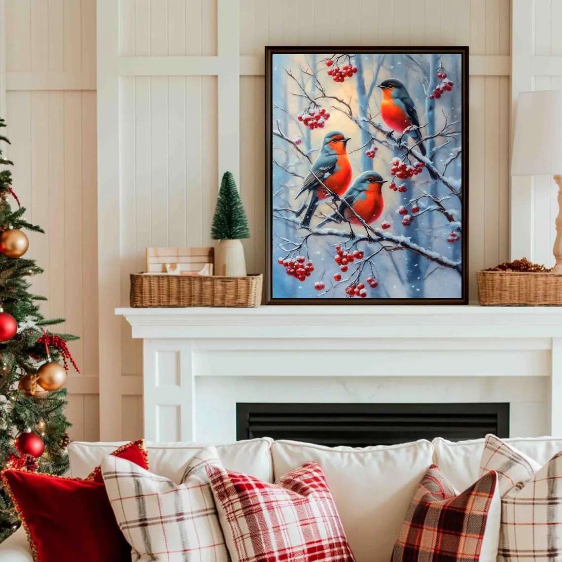 Three Robins Snowy Berry Branches Winter Woodland Bird Art Poster - Image 4