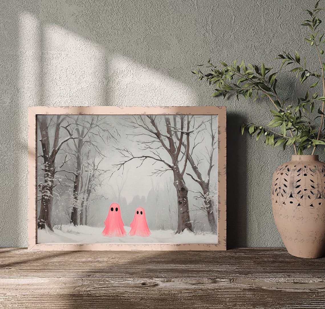 Two Pink Ghosts in Snowy Bare Tree Forest Quiet Winter Print - Image 3