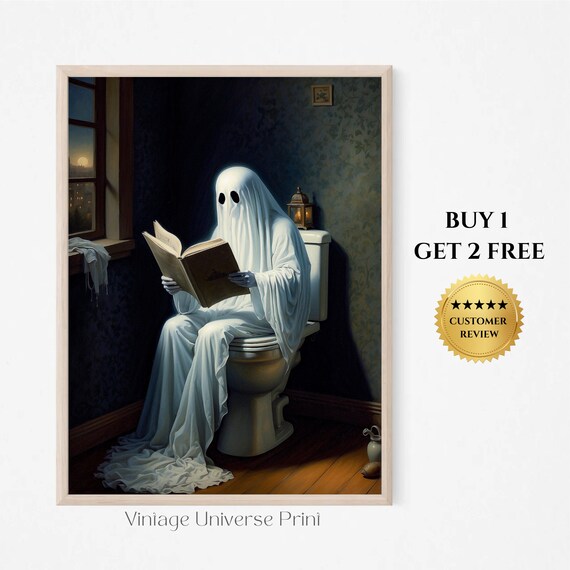 Ghost on the Toilet Reading a Book in a Candlelit Vintage Bathroom Poster