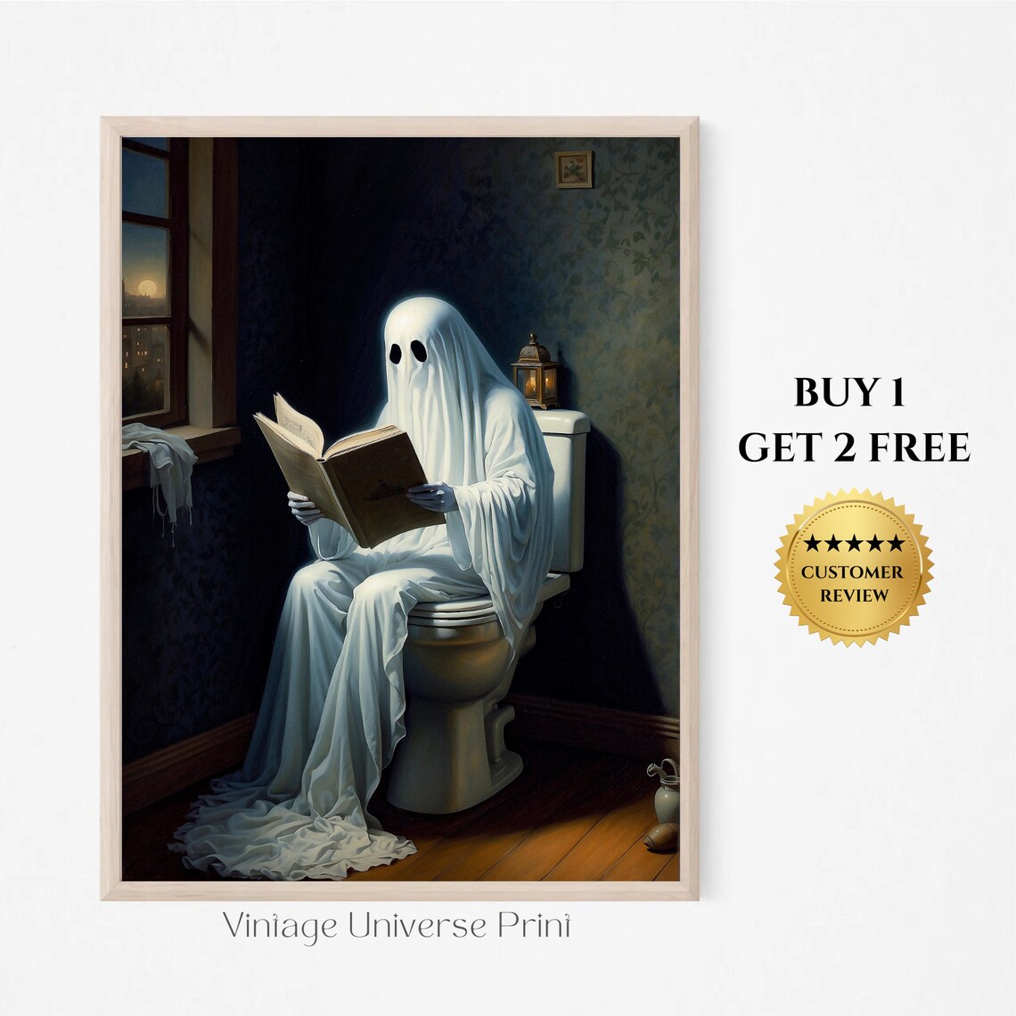 Ghost on the Toilet Reading a Book in a Candlelit Vintage Bathroom Poster