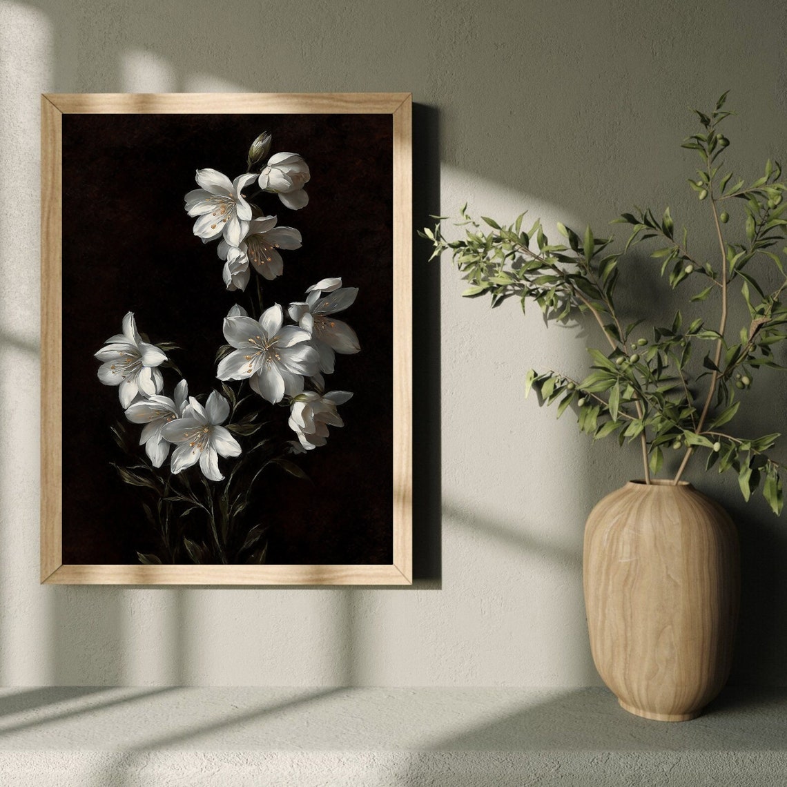 White Lilies on Dark Background Moody Vintage Botanical Wall Art - Image 4