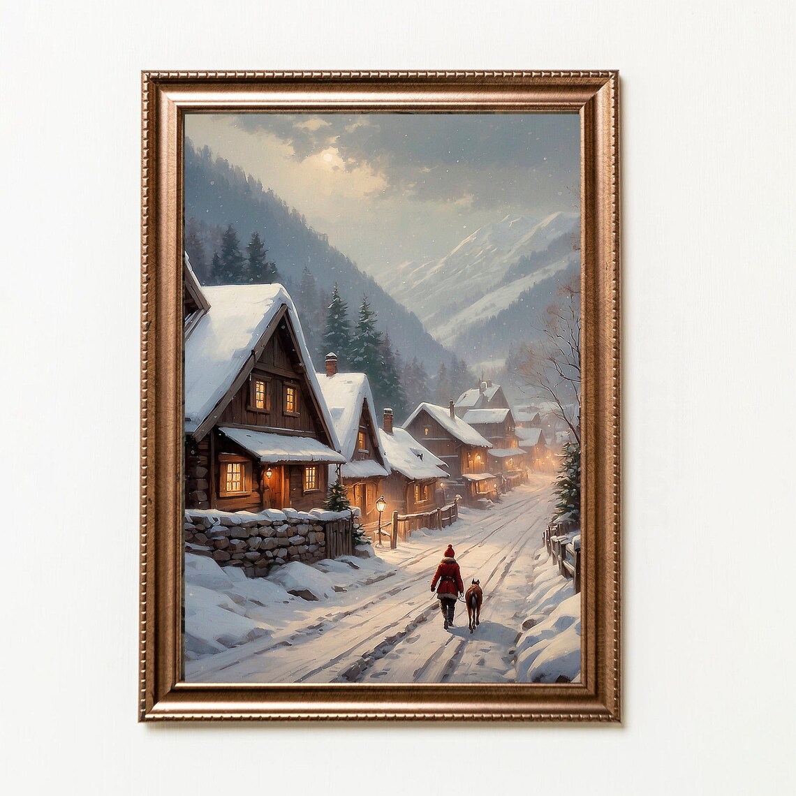 Snowy Mountain Village Walk With Dog Vintage Winter Evening Poster - Image 5
