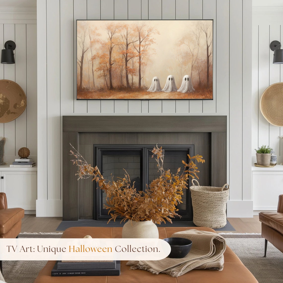 Three Ghosts In Misty Autumn Forest Vintage Halloween Art Poster - Image 4