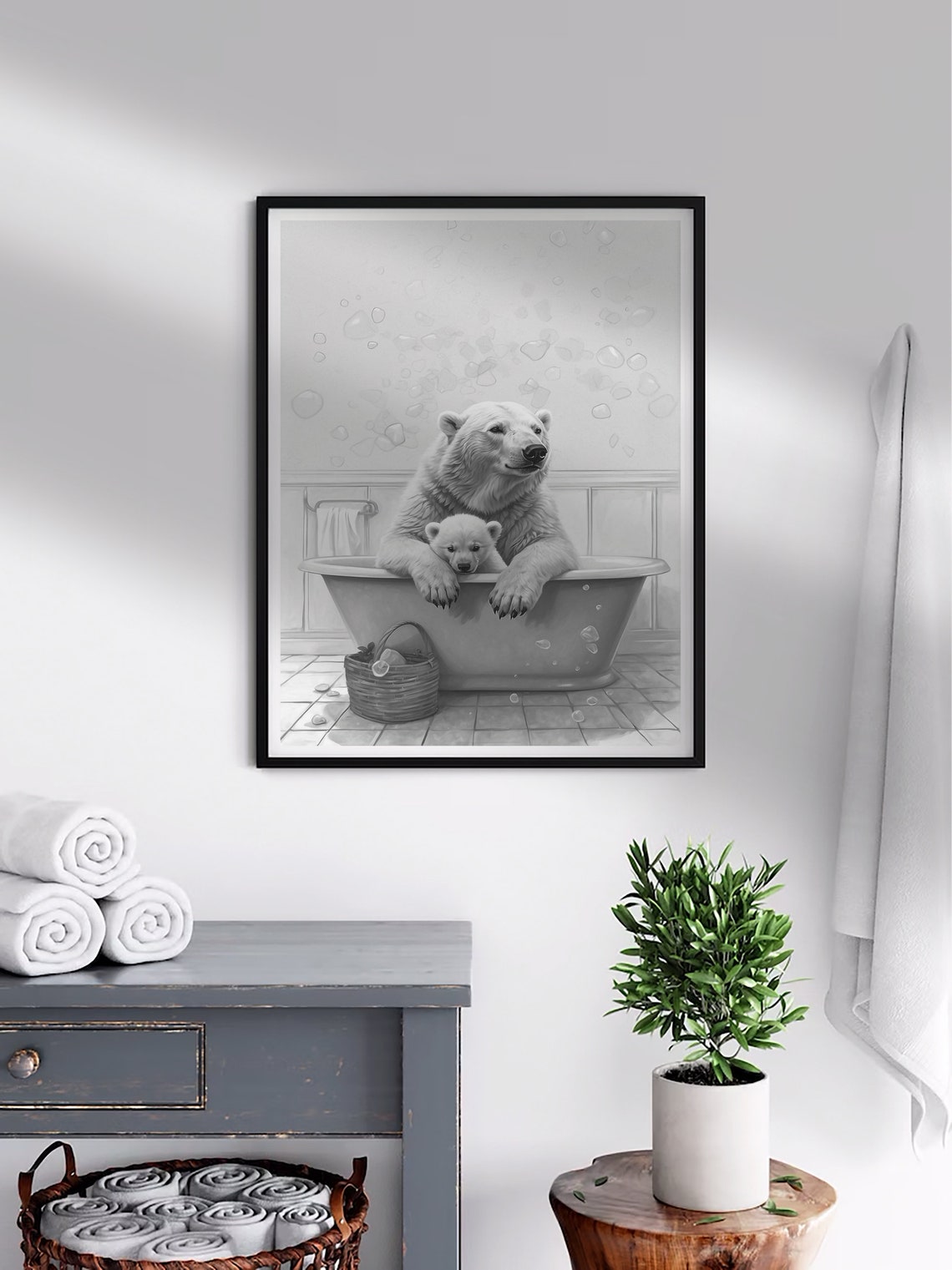 Polar Bear And Cub In A Bubble Bathtub Black And White Poster - Image 5