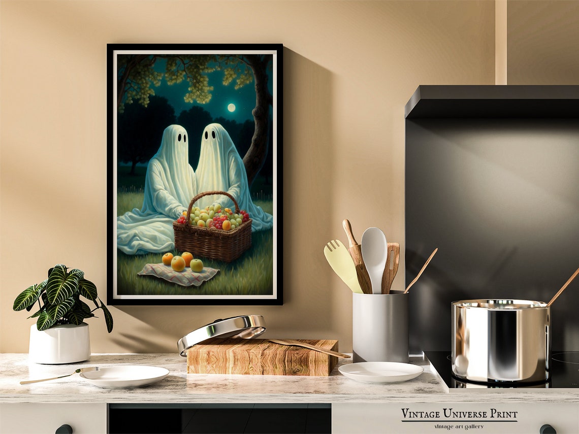 Two Ghosts Sharing A Picnic With Fruit Basket Under Moonlit Tree Print - Image 2