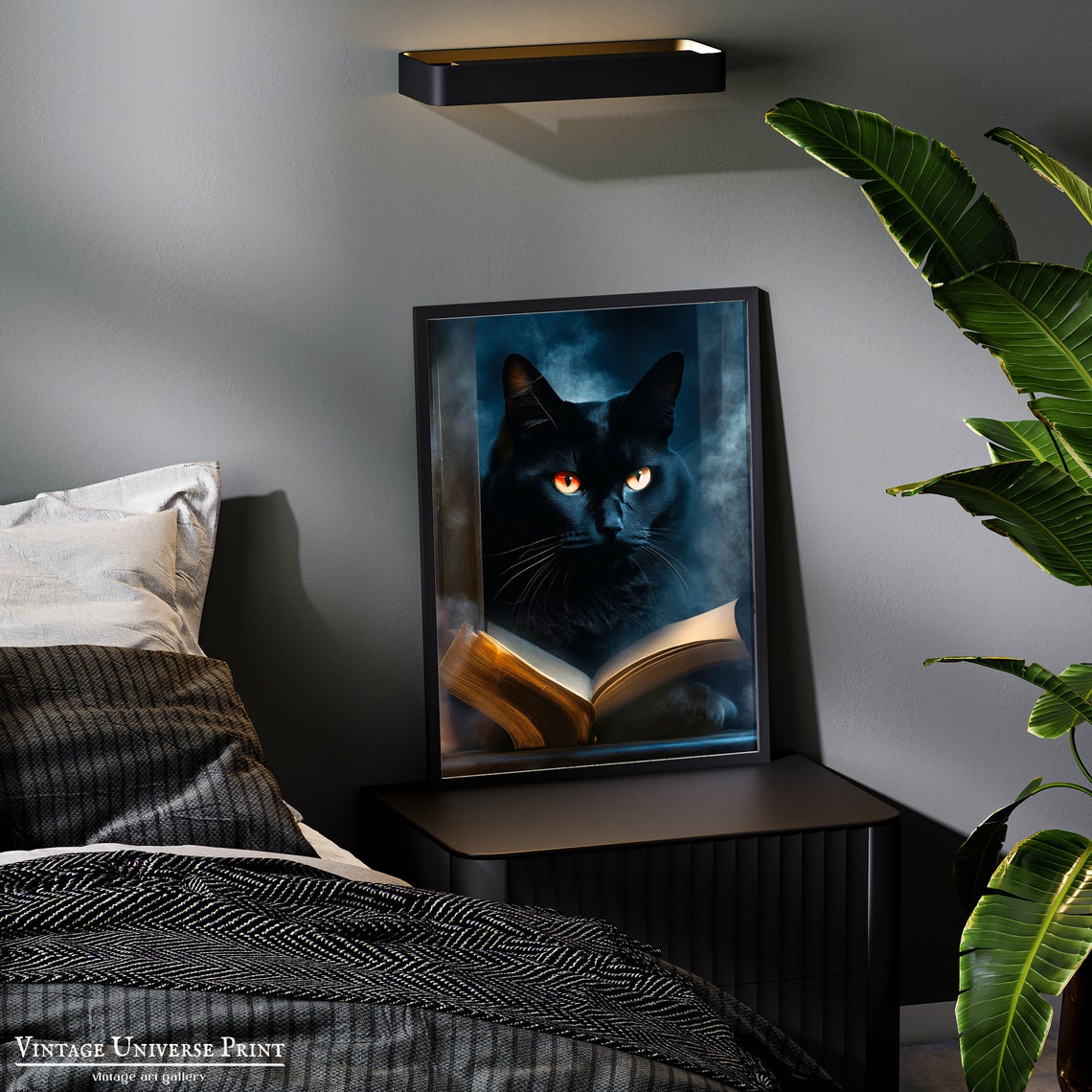 Dark Black Cat Reading Glowing Book Moody Vintage Animal Poster - Image 3