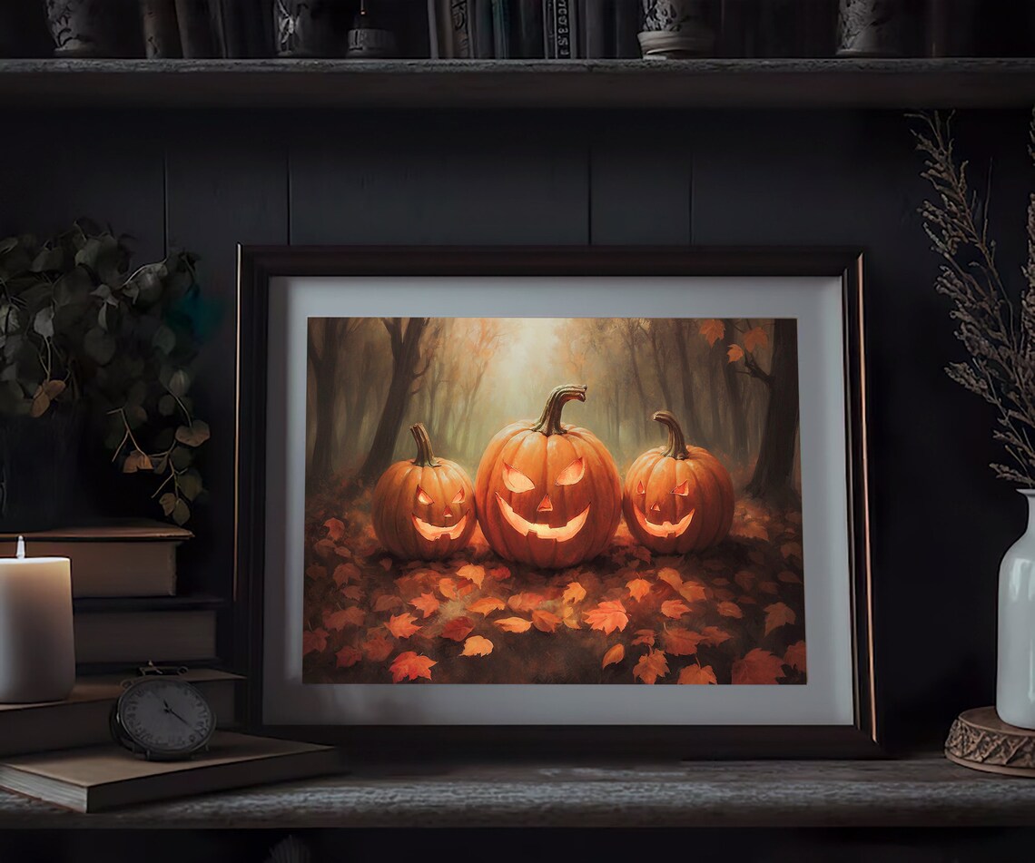 Three Glowing Jack O Lanterns In Misty Autumn Forest Halloween Painting Poster - Image 3