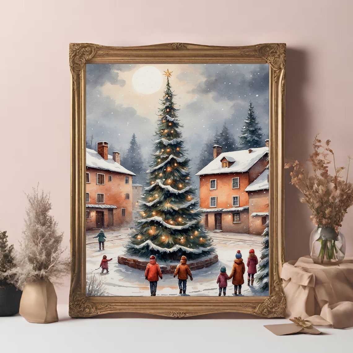 Snowy Christmas Village With Lit Tree And Children In Winter Wall Art - Image 3