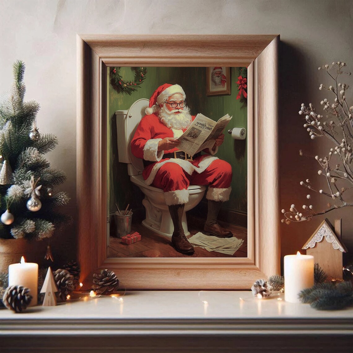 Santa Claus On Toilet Reading Newspaper Christmas Bathroom Art Poster - Image 2