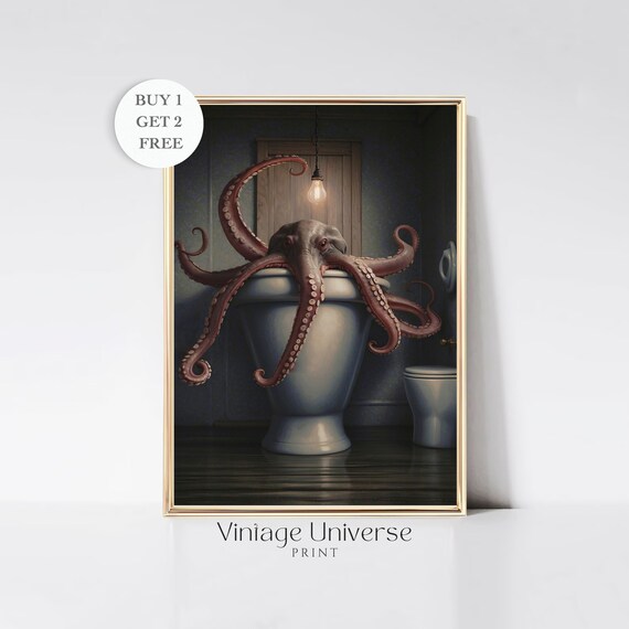 Octopus Bathroom Print Octopus Wall Art Animal Bathroom Art Animal On Toilet Wall Art Bathroom Wall Art Bathroom Decor