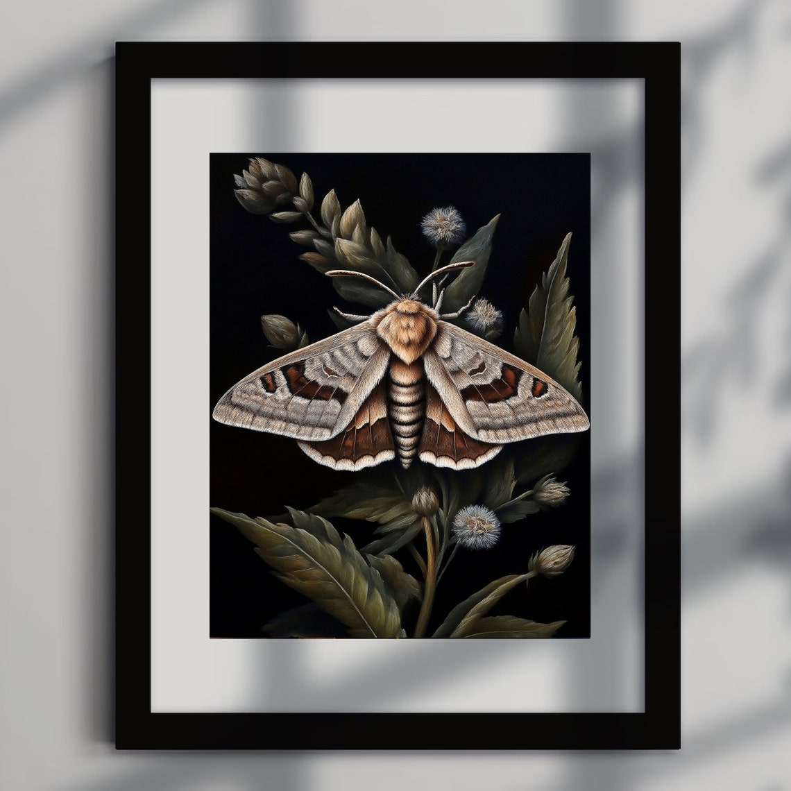 Vintage Moth Illustration with Botanical Leaves Dark Art Poster - Image 5
