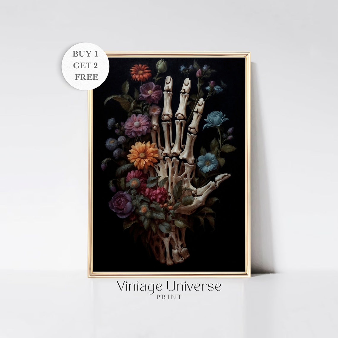 Skeleton Hand Holding Colorful Blooms Dark Gothic Floral Poster