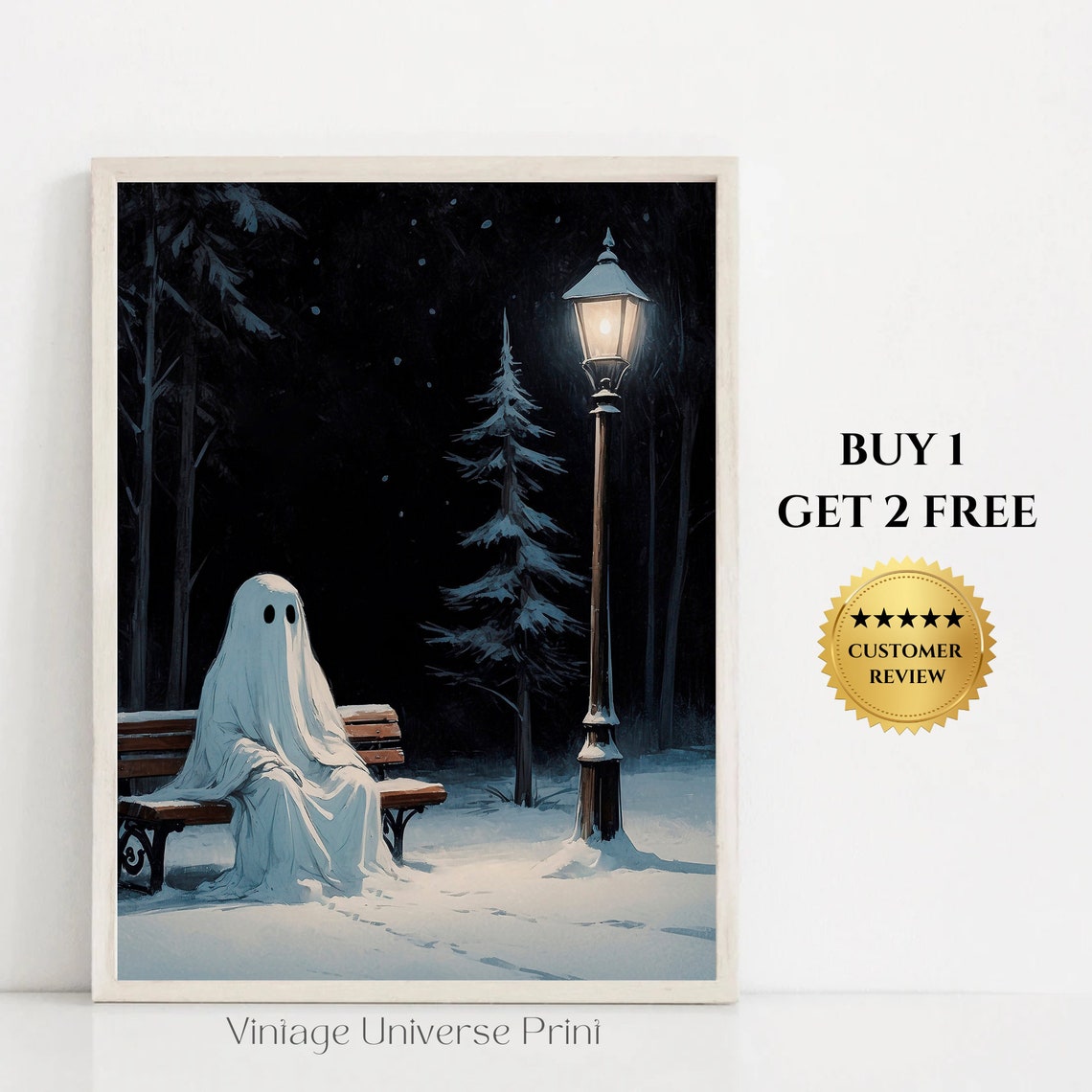 Ghost Resting on Snowy Park Bench Under Glowing Street Lamp Print