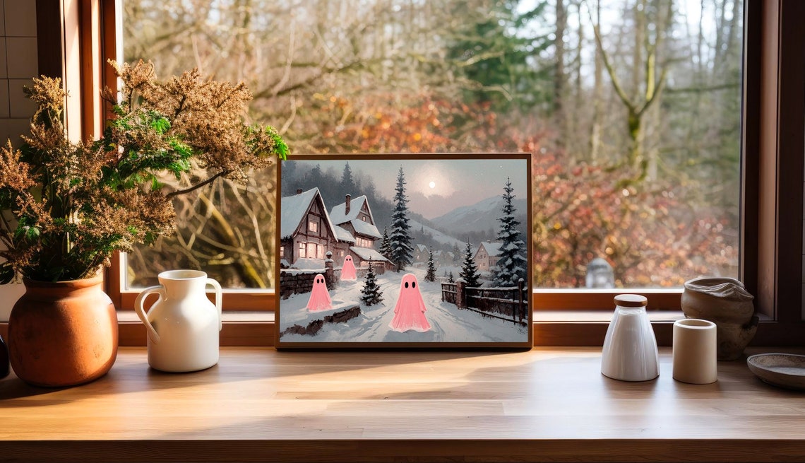Ghosts In Winter Town Vintage Landscape Painting Christmas Snowy Trees Village Print Holiday Painting Seasonal Home Decor 10 - Image 2