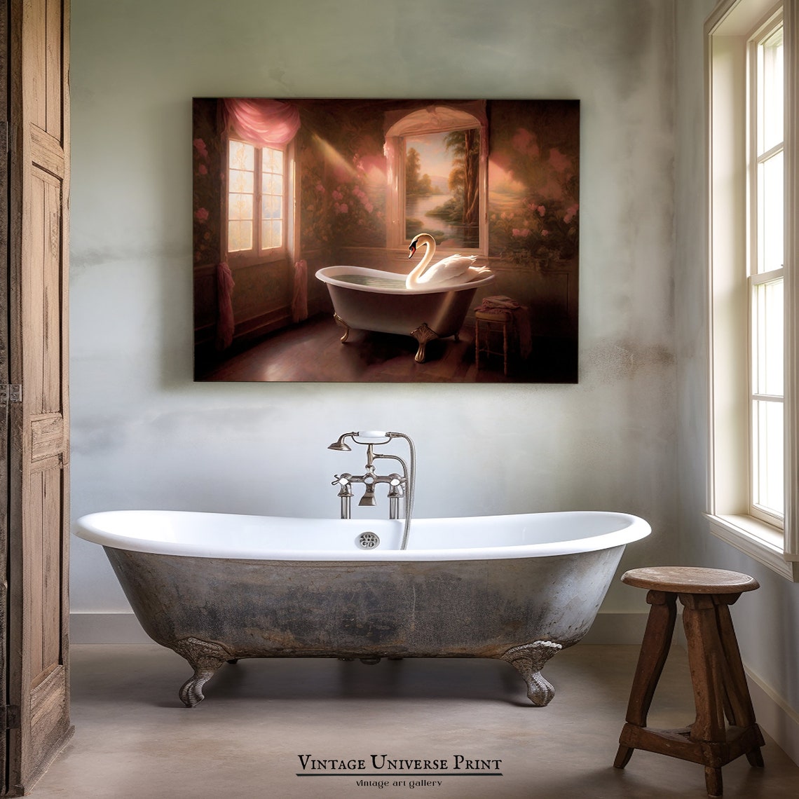 Elegant White Swan Bathing in a Vintage Clawfoot Tub Romantic Poster - Image 2