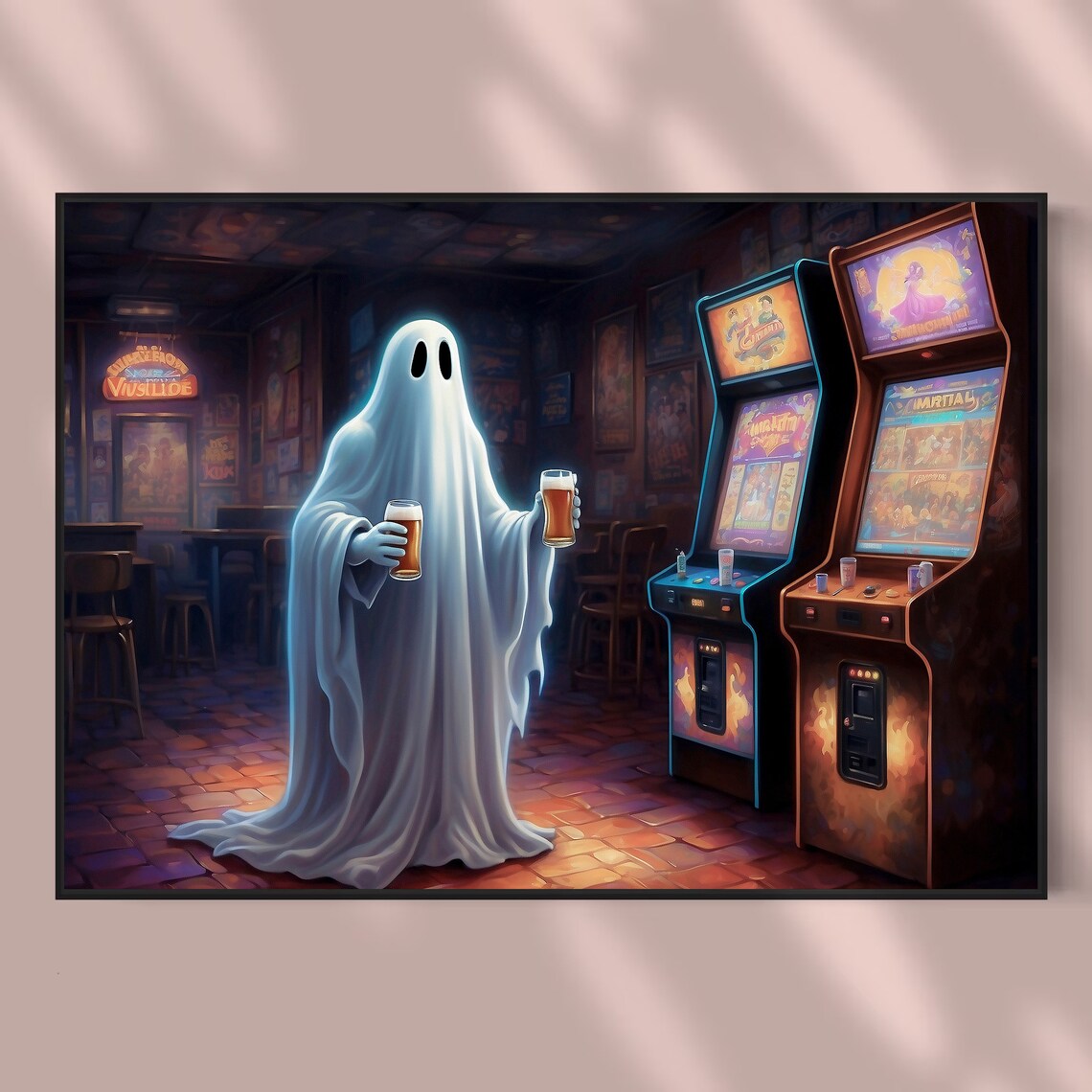 Ghost Holding Two Beers in a Vintage Arcade Room Retro Halloween Poster - Image 3