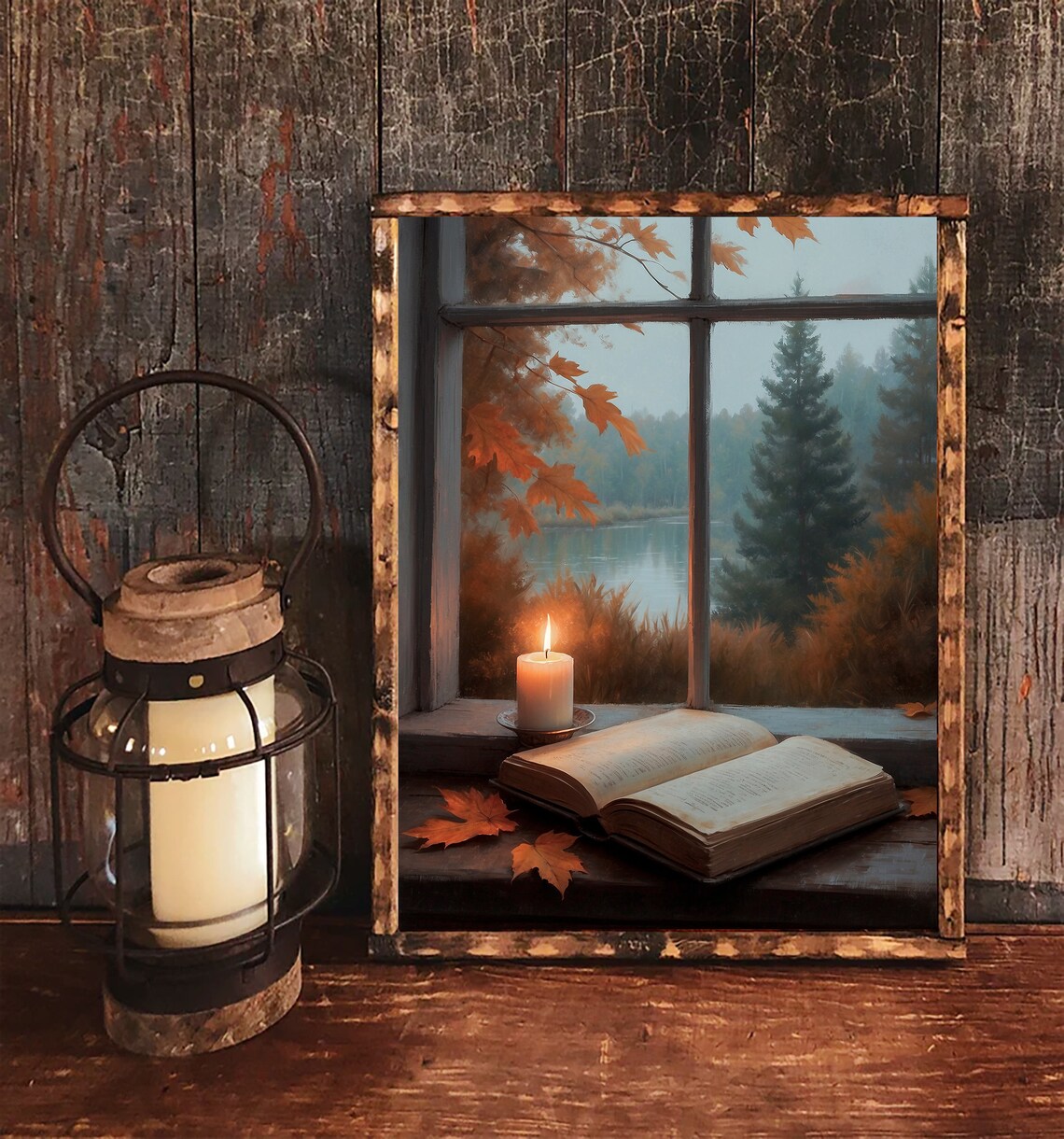 Candle And Open Book On Autumn Windowsill Overlooking Lake Painting Poster - Image 3
