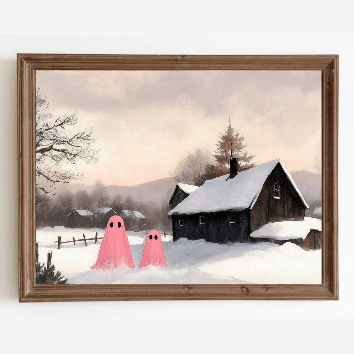 Two Pink Ghosts by Snowy Barn Rustic Winter Farm Scene Print - Image 4