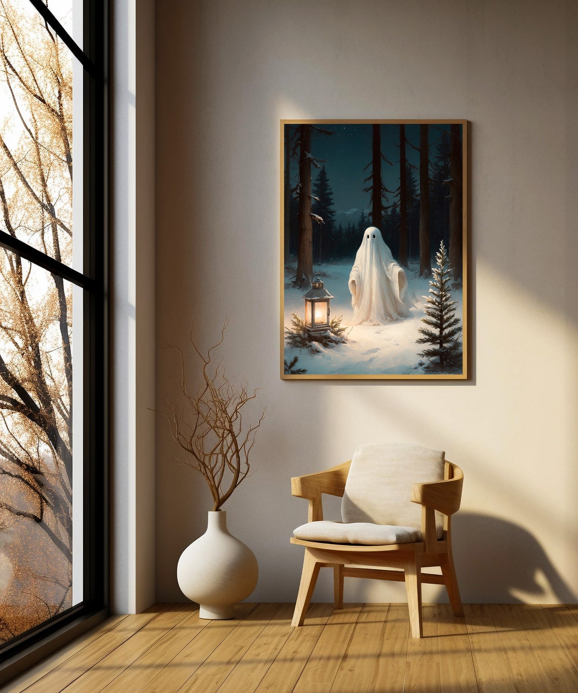 Ghost with Glowing Lantern in Snowy Night Forest Winter Print - Image 2