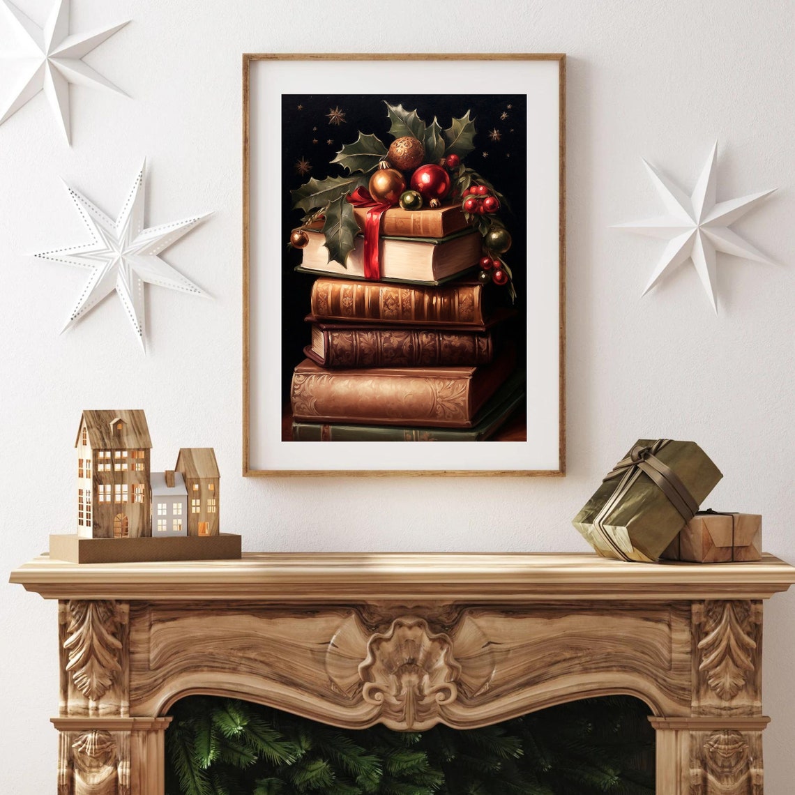 Vintage Books with Christmas Ornaments and Holly Still Life Print - Image 2