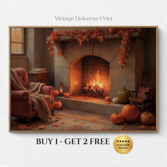 Cozy Stone Fireplace With Pumpkins Fall Interior Scene Poster