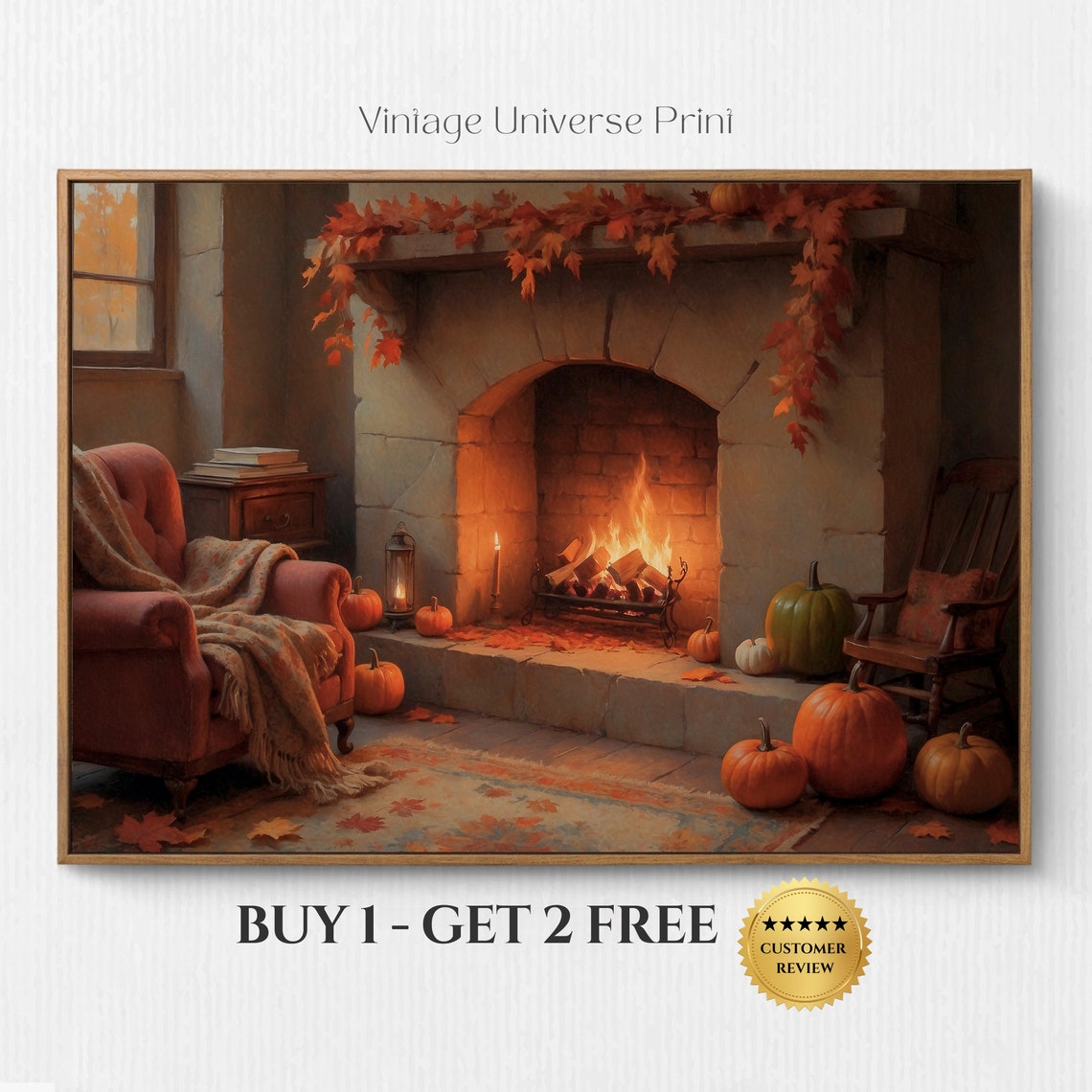 Cozy Stone Fireplace With Pumpkins Fall Interior Scene Poster