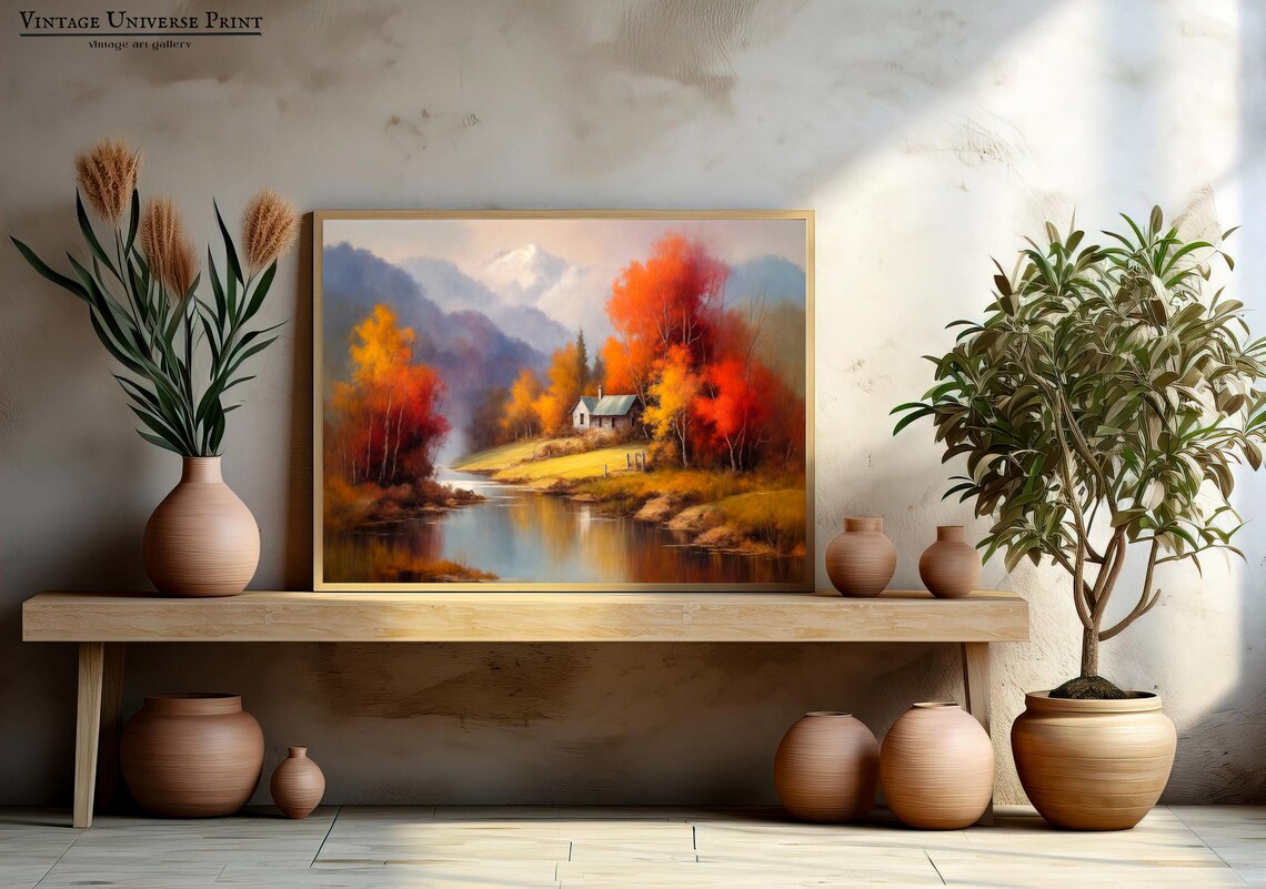 Autumn Cabin by the River Red Fall Trees Vintage Oil Painting Poster - Image 4