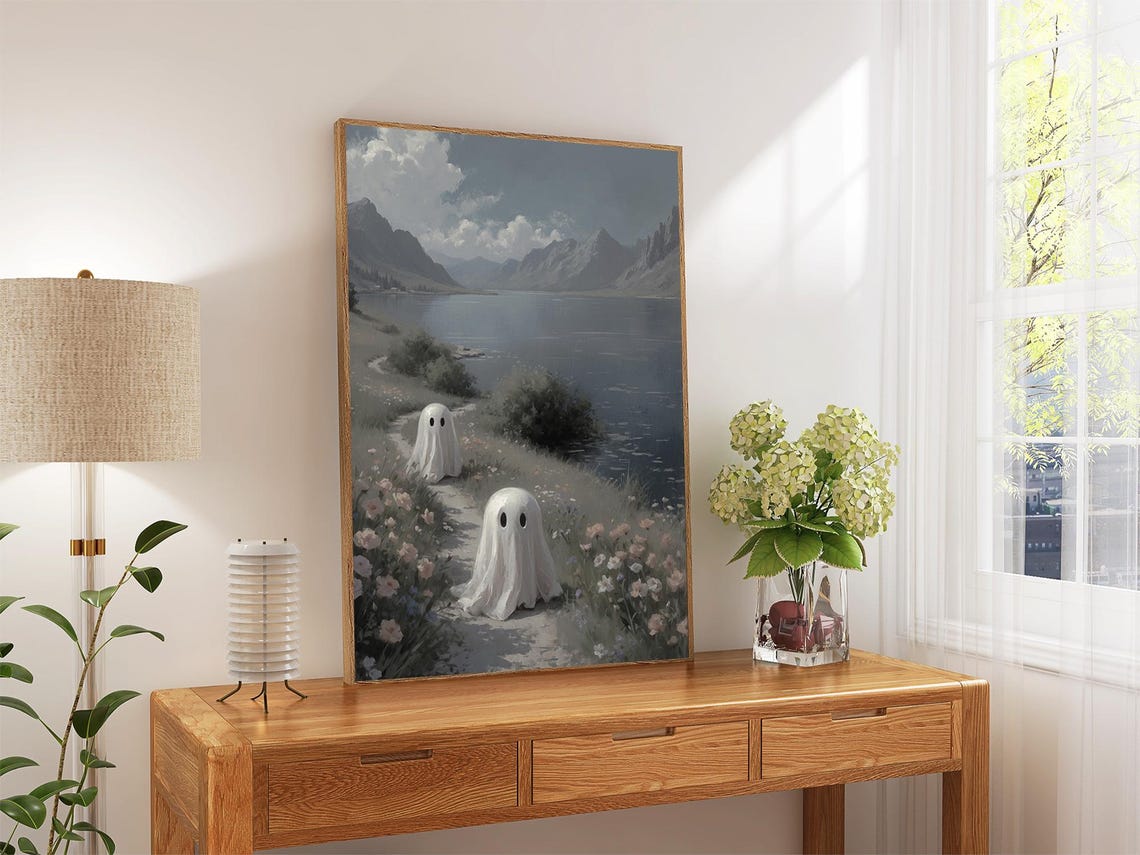 Two Ghosts Walking By A Mountain Lake Cute Spooky Halloween Poster - Image 4