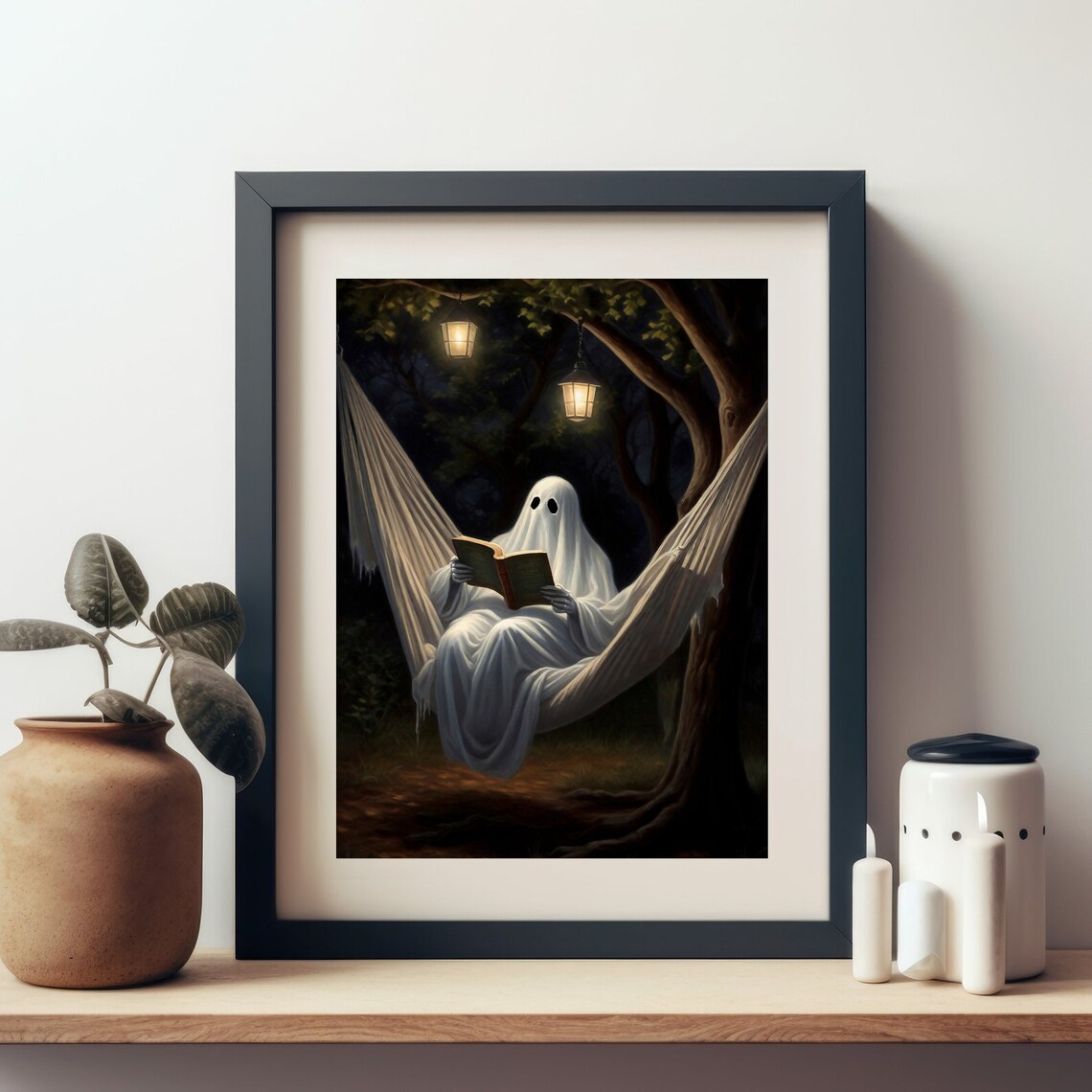 Ghost Reading a Book in a Hammock Under Hanging Lanterns at Night Poster - Image 3