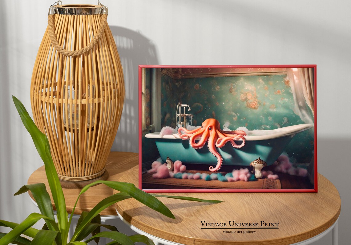 Octopus In Bathtub Print Octopus Wall Art Bathroom Wall Art Print Octopus Poster Bathroom Decor Bath Art Print Instant - Image 4