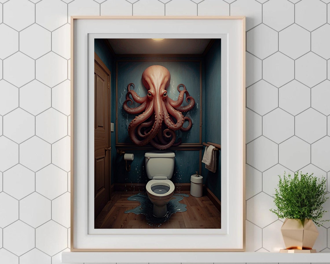 Giant Octopus Above The Toilet Moody Surreal Bathroom Poster - Image 5