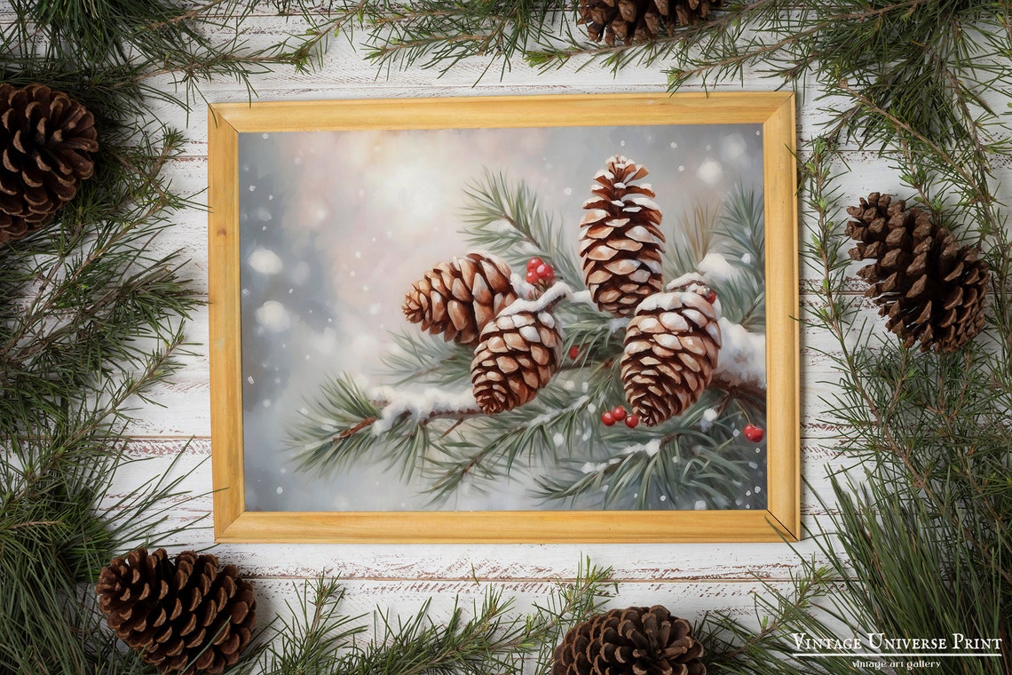 Snow Covered Pinecones on a Frosty Pine Branch Winter Botanical Print - Image 3