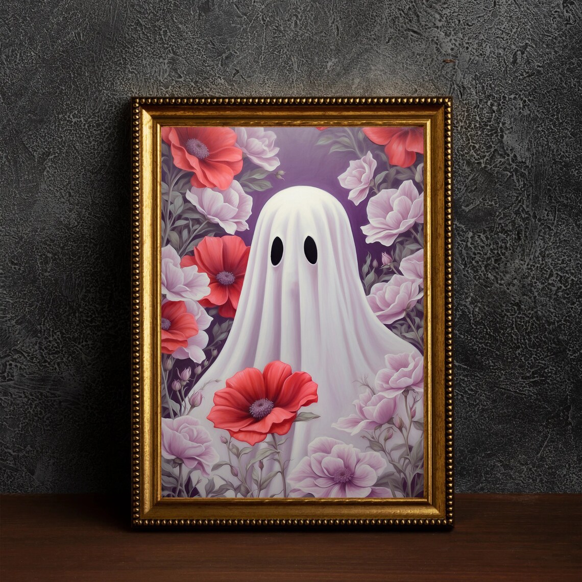 Sheet Ghost Peeking Through Red Poppies and Pink Blossoms Floral Poster - Image 4