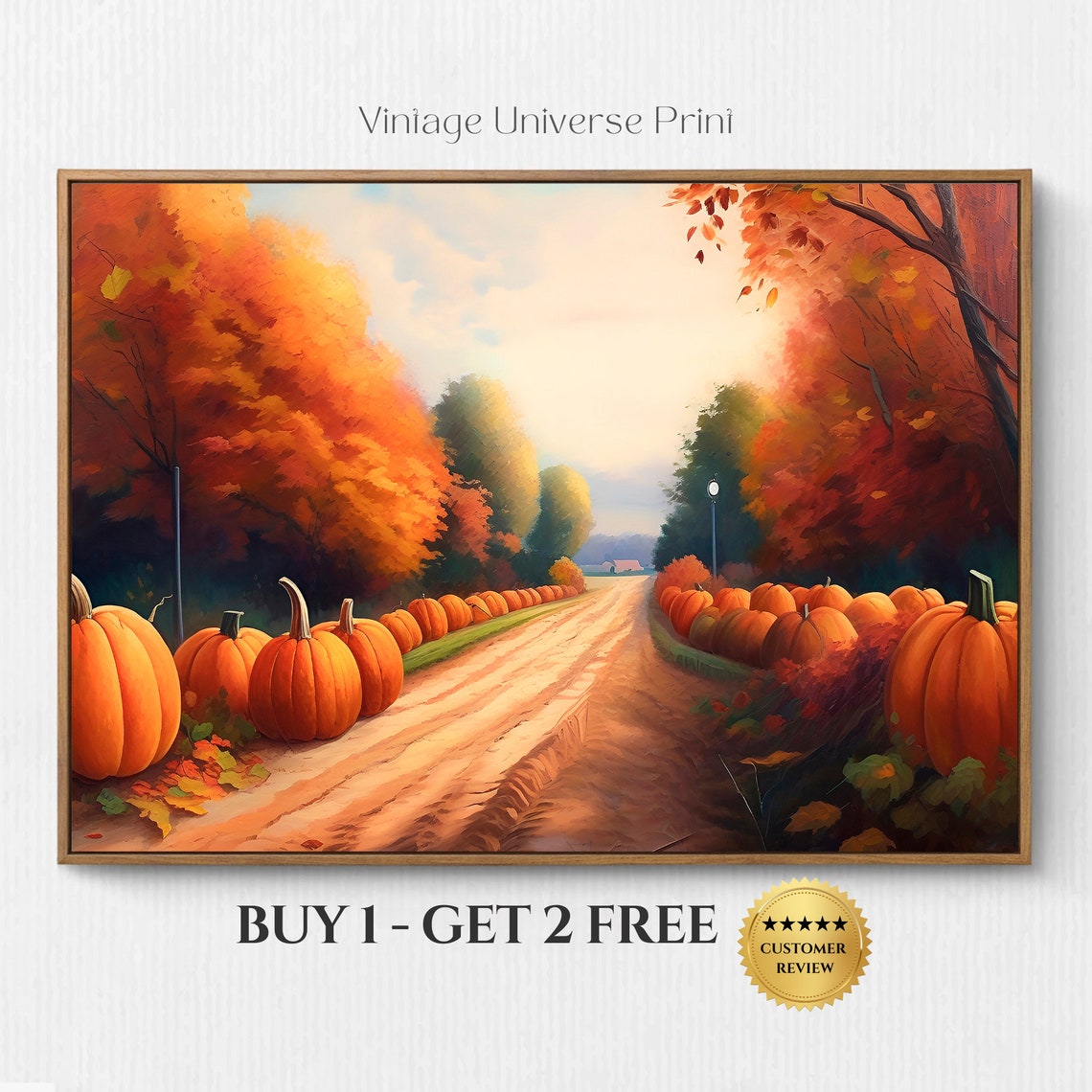 Pumpkin Lined Country Road Autumn Harvest Fall Landscape Poster