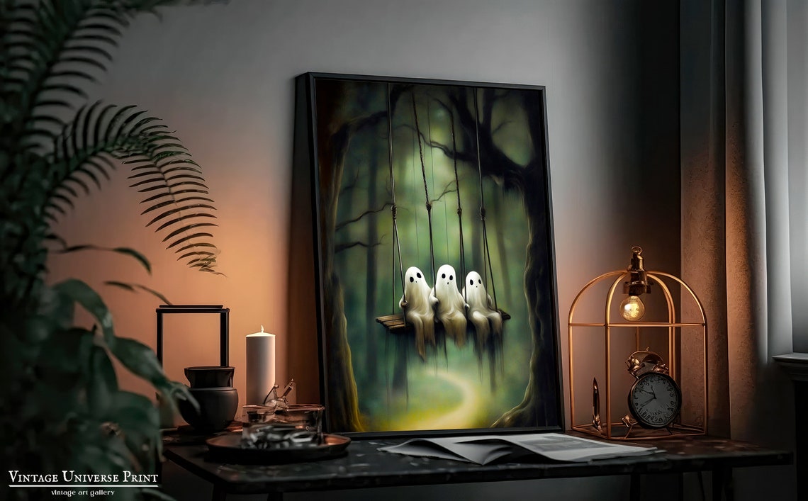 Ghost On The Swing Poster Ghost In The Forest Cute Little Ghost Face Spooky Gothic Abandoned Art Dark Academia Room Decor - Image 2