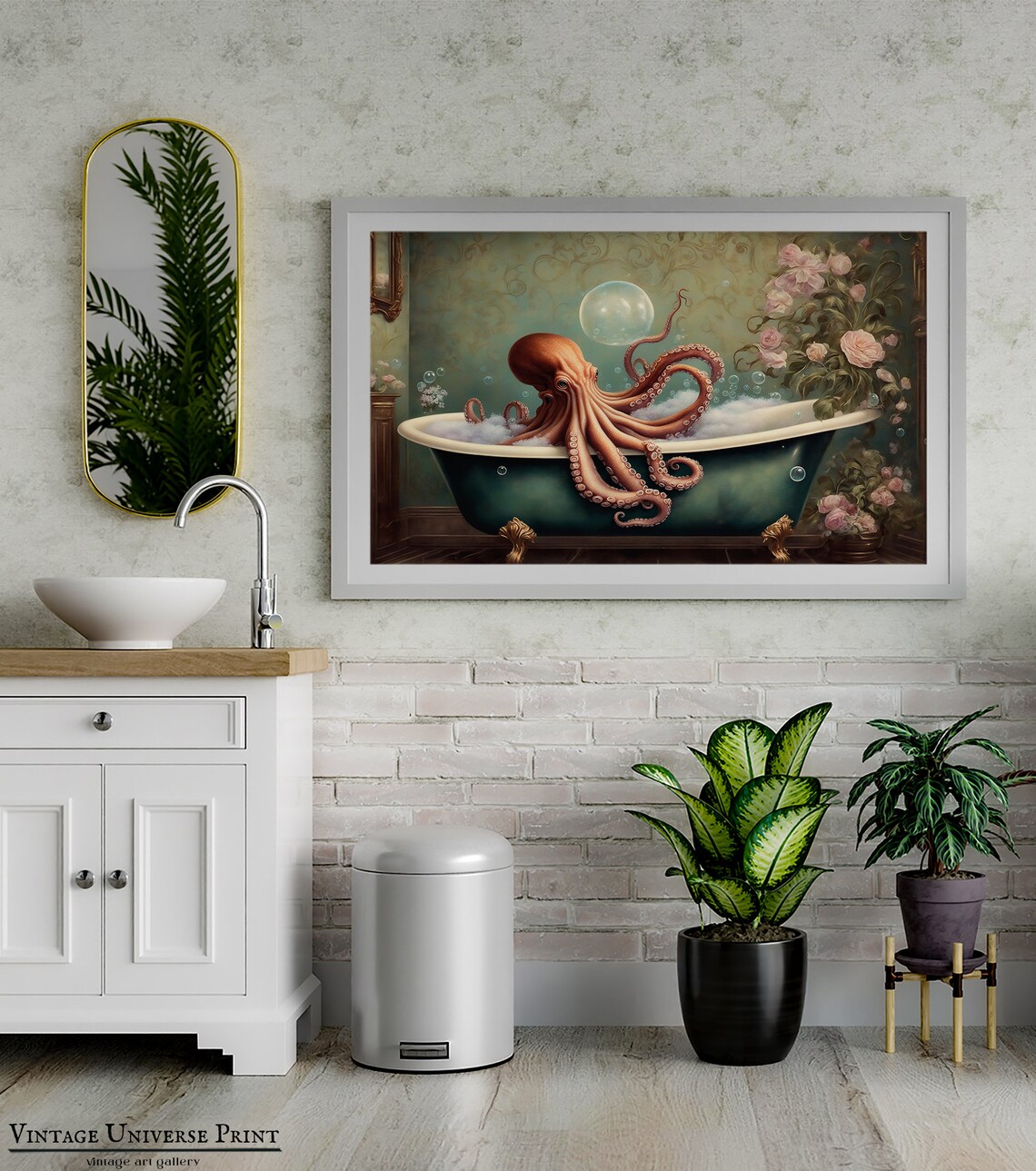 Octopus In Bathtub Print Octopus Wall Art Bathroom Wall Art Print Octopus Poster Bathroom Decor Bath Art Print Instant - Image 2