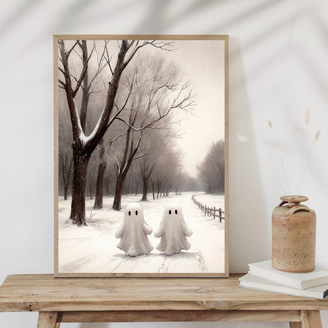 Two Ghosts Walking Snowy Forest Path Between Bare Trees Print - Image 4