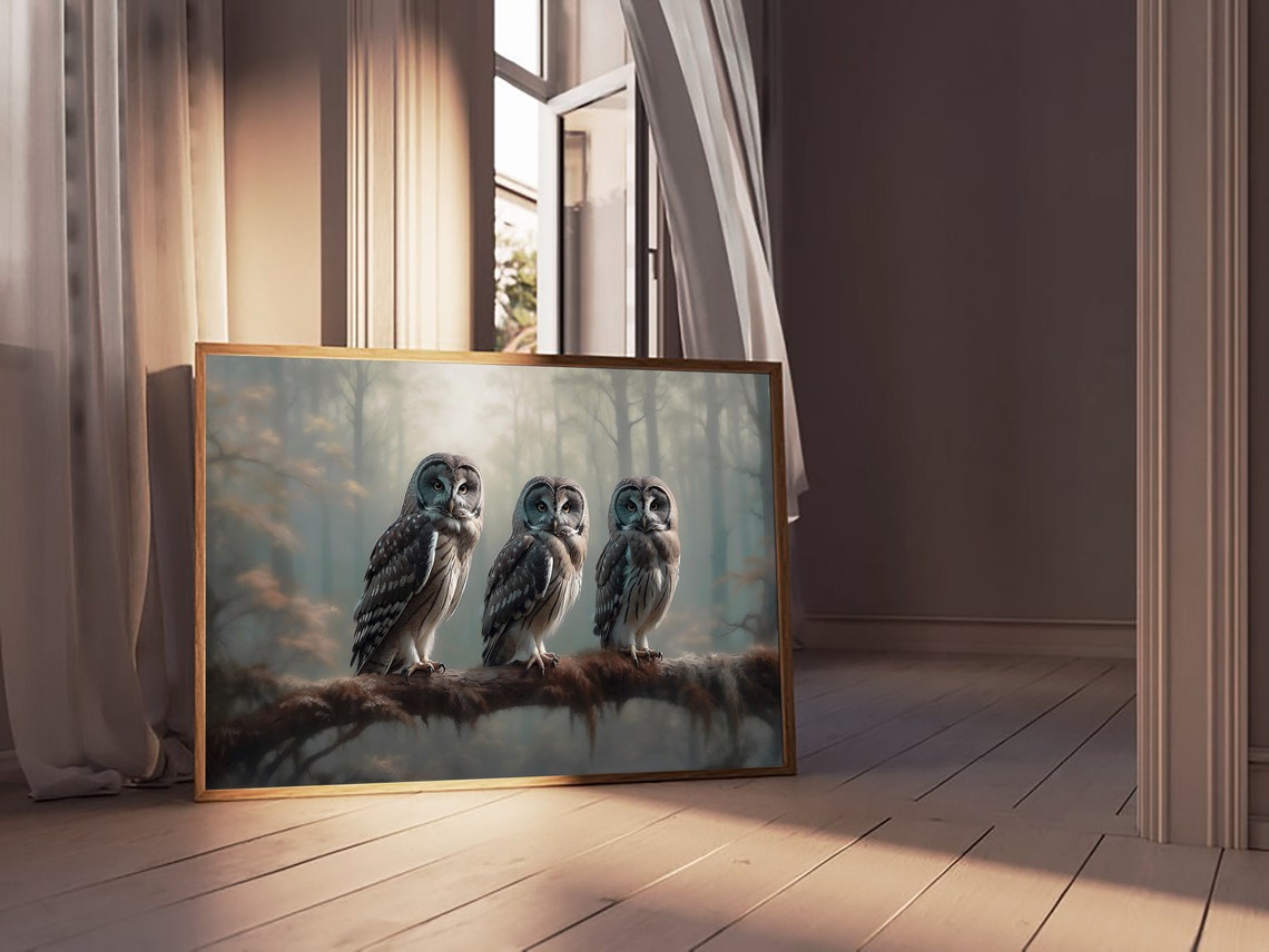 Three Owls on a Branch in a Misty Forest Vintage Bird Art Print - Image 2