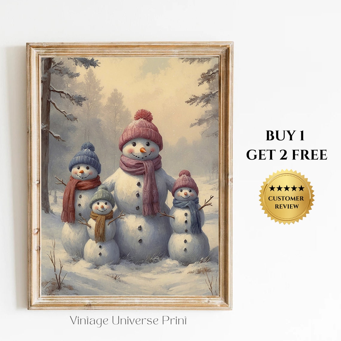 Snowman Family In The Snow With Hats And Scarves Winter Poster