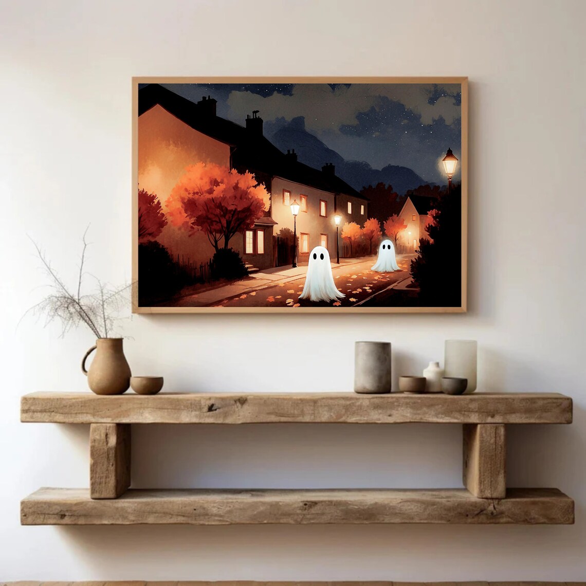 Two Sheet Ghosts Walking A Lamp Lit Village Street On A Starry Autumn Night Poster - Image 4