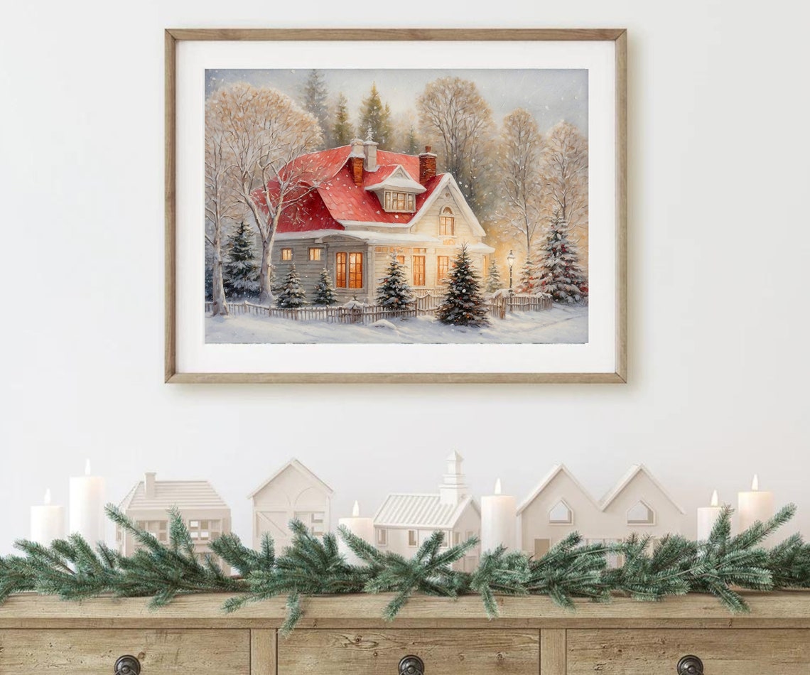 Cozy House Red Roof Snowy Night Warm Lights Christmas Poster - Image 2