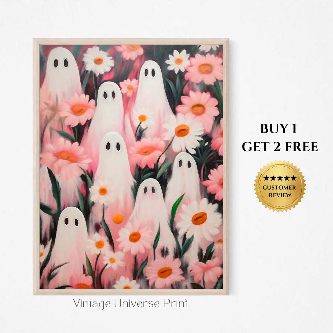 Cute Ghosts Hiding Among Pink Daisies Playful Floral Art Poster