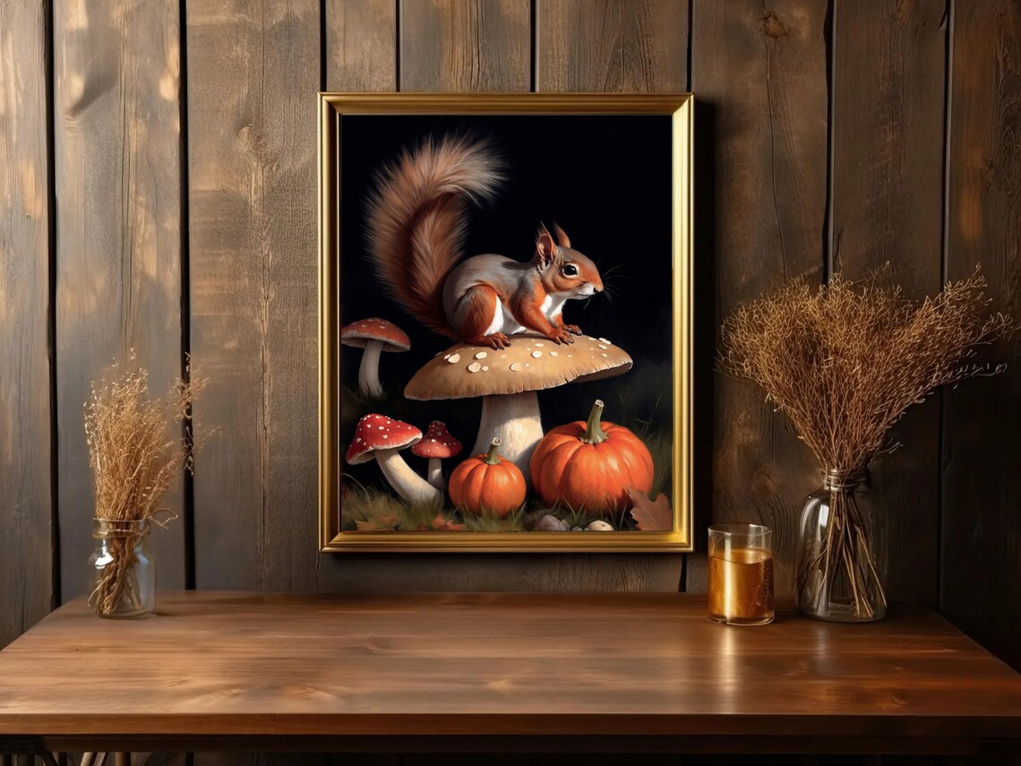 Red Squirrel On Mushroom With Pumpkins Moody Autumn Wildlife Painting Poster - Image 3