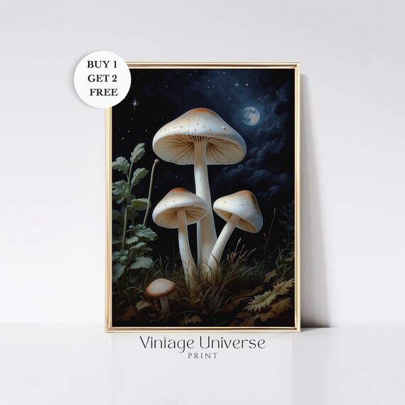 Vintage Forest Mushroom Wall Art Woodland Mushroom Painting Botanical Dark Academia Print Moon In The Sky Art Decor Witchy Aesthetic