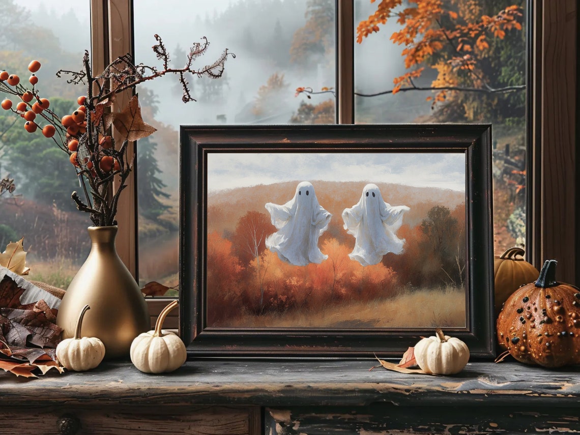 Two Floating Ghosts Over Orange Autumn Hills Fall Halloween Poster - Image 4