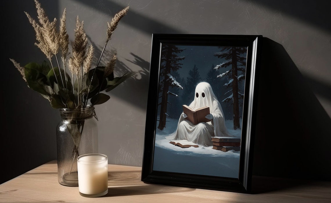 Ghost Reading a Book in Snowy Forest at Night Dark Academia Print - Image 2